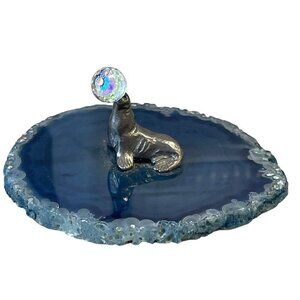 Agate Slice With Metal Sea Lion Figurine & Crystal Ball Decor Vintage